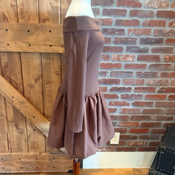 Chocolate Brown Off Shoulder Bubble Hem Mini Dress Size Large Y2K Coquette NWT - Picture 3 of 11